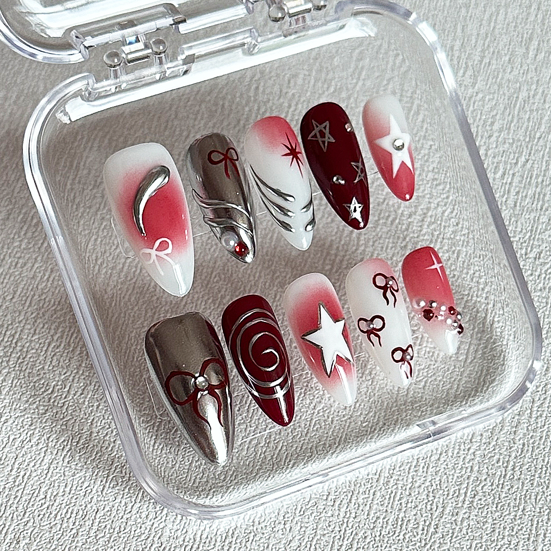 Red Metal Silver Star Bow Almond Nails-XHS204