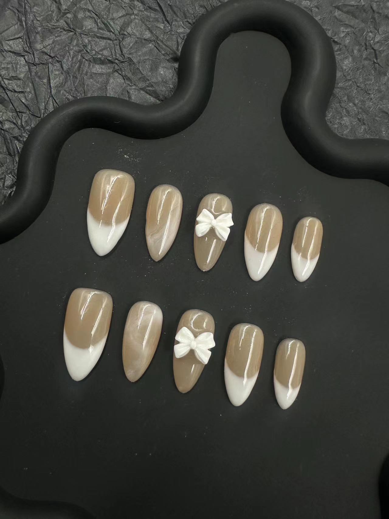 White French Ribbon Bow Almond Nails-XHS203