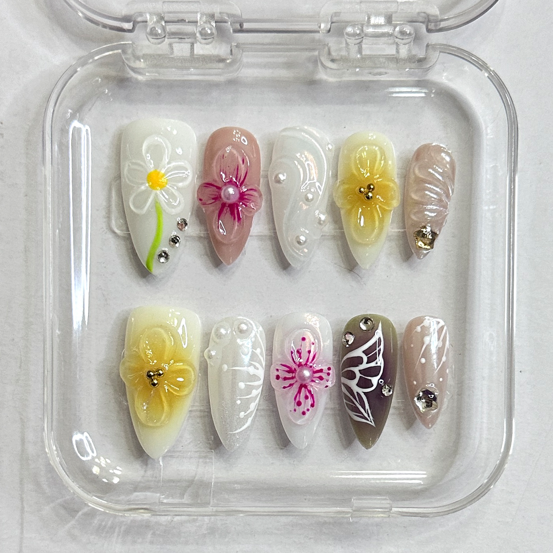 3d aurora hand drawn butterfly flowers Almond Nails-XHS301