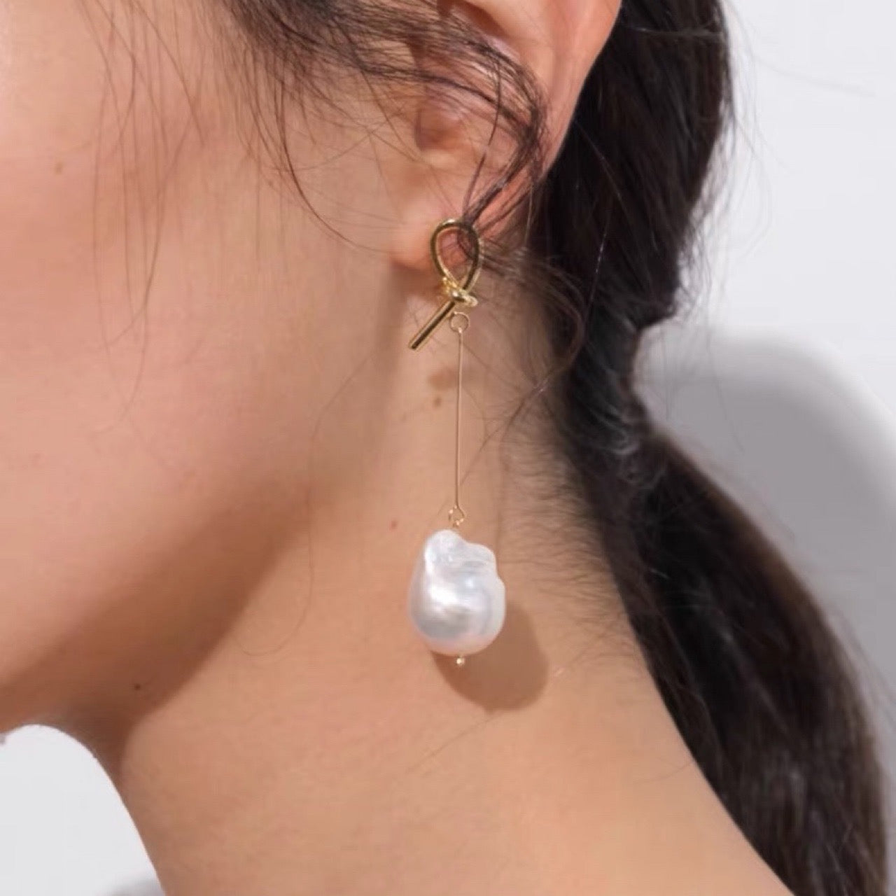 Baroque Pearl Knot Long Earrings in Freshwater