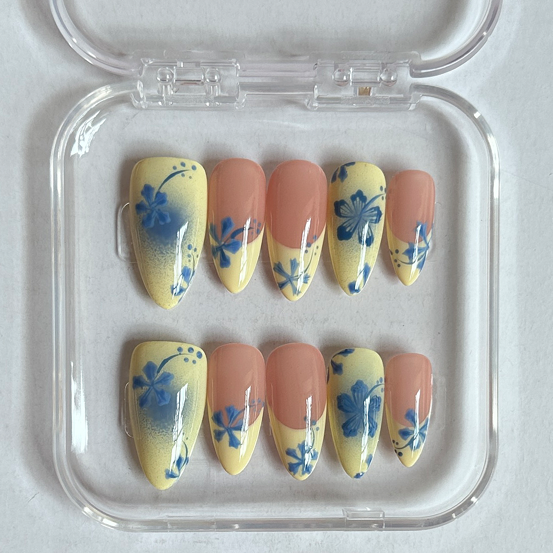 Blue smudged hand-painted floral French style-XHS642