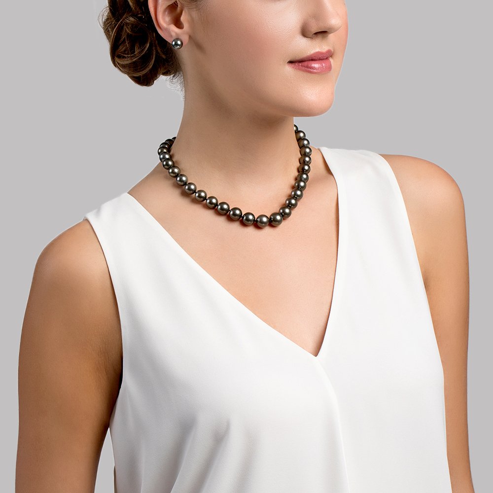 Black Tahitian True Round Pearl Necklace, 10.0-12.0mm - AAA/Gem Quality