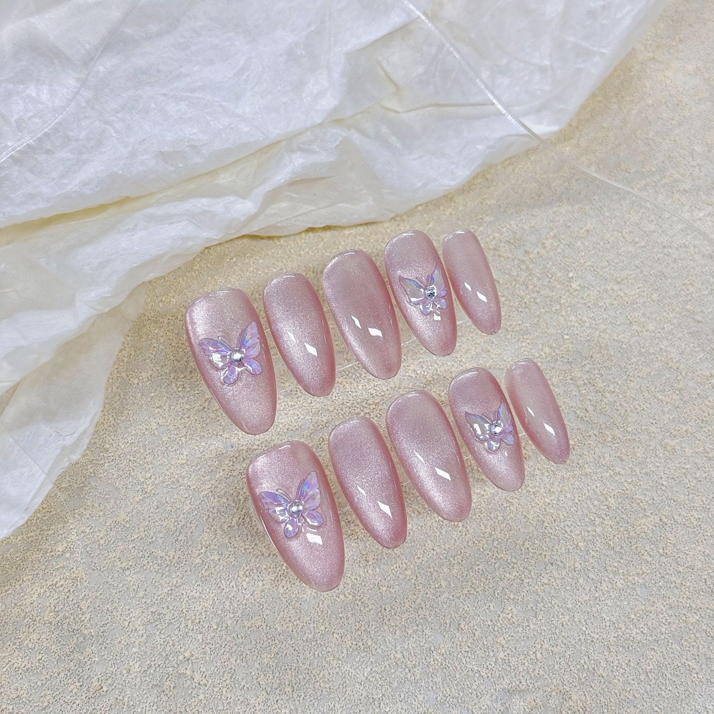 Pink Cat's Eye Butterfly Almond nails-YL011