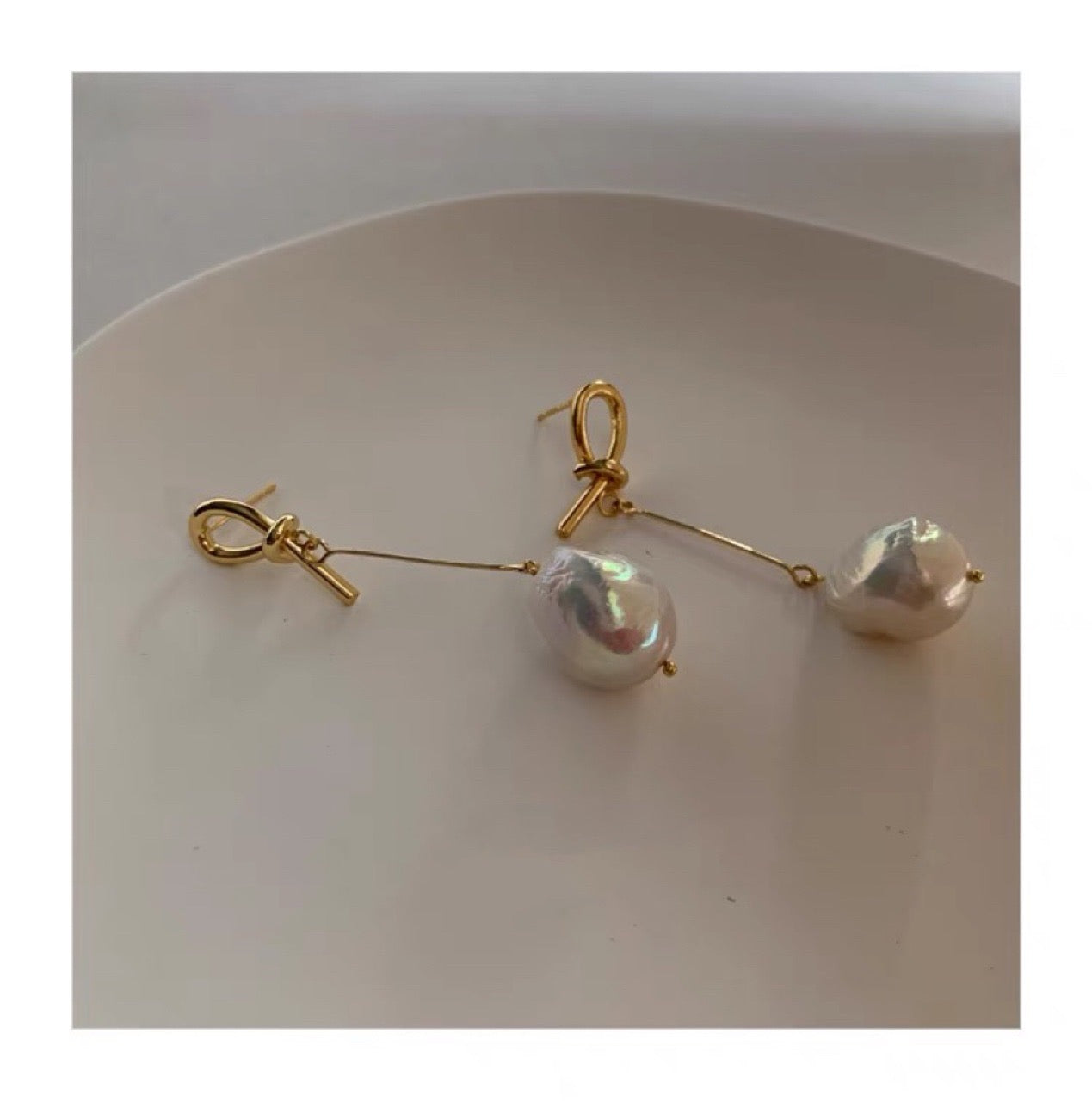 Baroque Pearl Knot Long Earrings in Freshwater