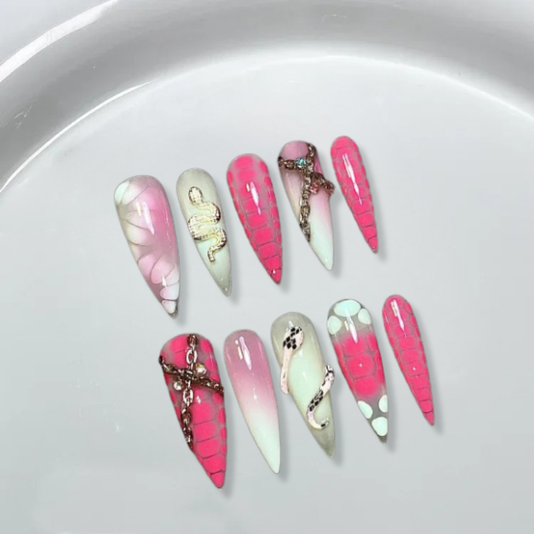 Y2k pink cat-eye snake aurora stiletto nails-XHS199