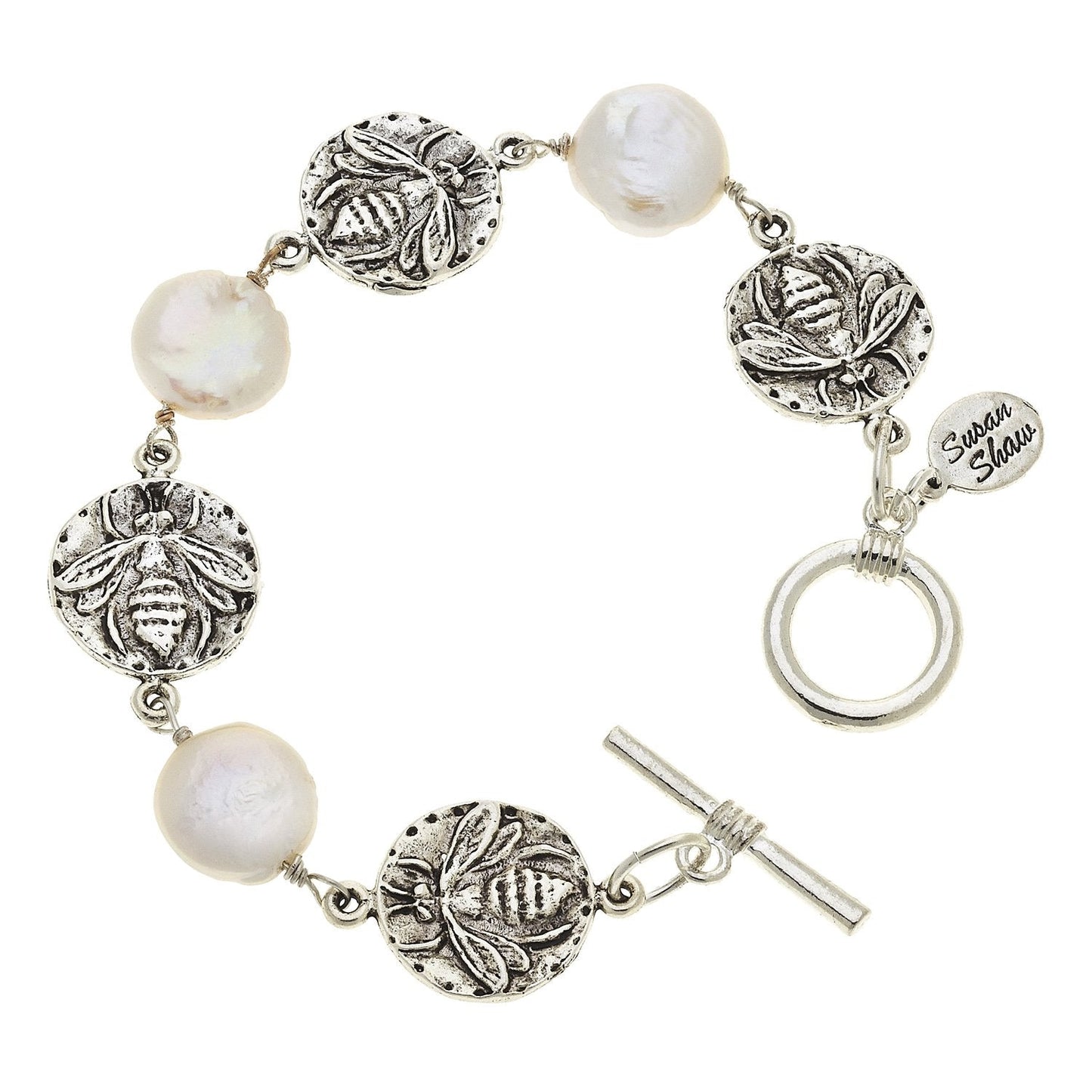 Bee Design Coin Pearl Bracelet