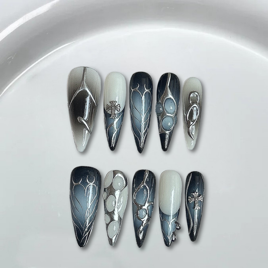 Black silver hand painted love French stiletto nails-XHS197