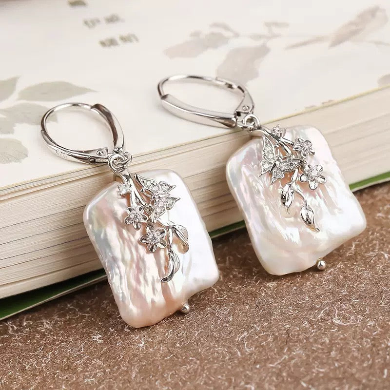 Baroque Freshwater Pearl Leaf Silver Earrings