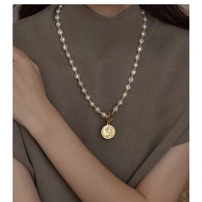 Baroque Pearl Long Necklace with Queen Coin Pendant