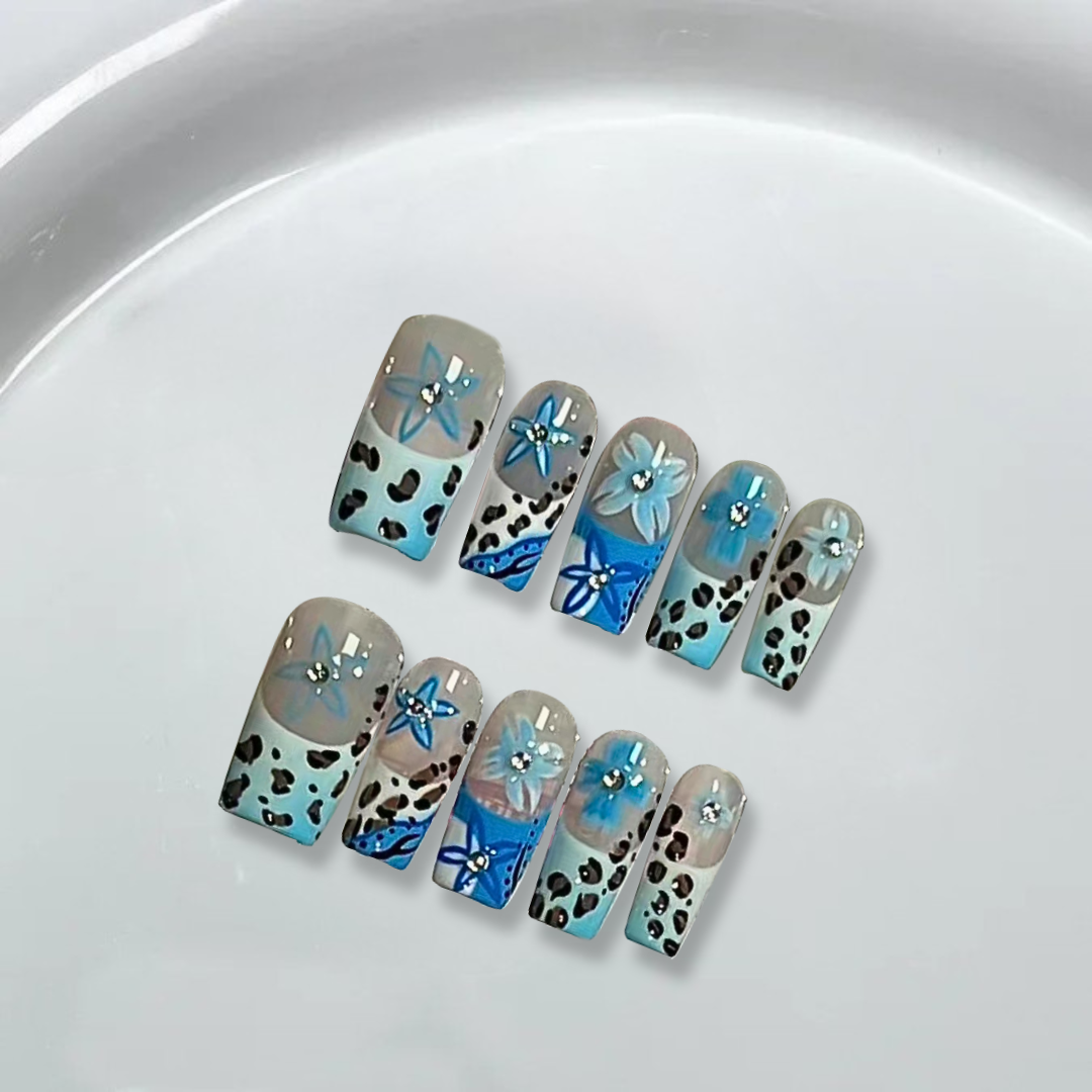 Blue leopard print French hand-painted blue flowers-XHS413