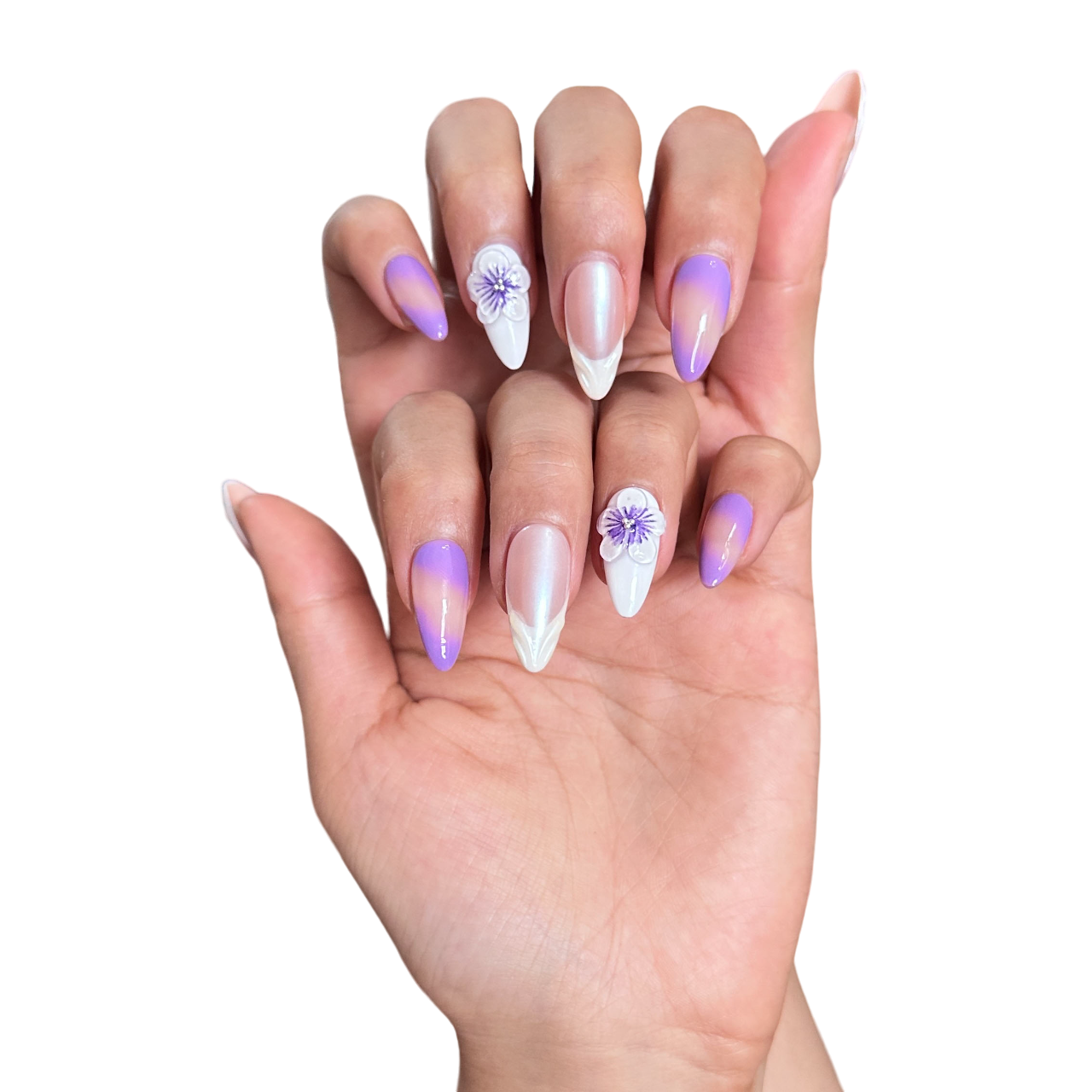 Aurora French 3D purple flowers Almond Nails-XHS368