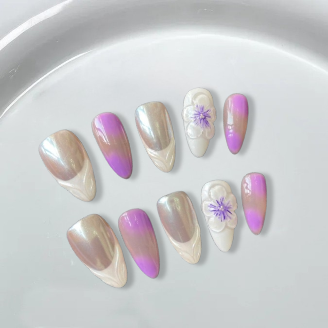 Aurora French 3D purple flowers Almond Nails-XHS368