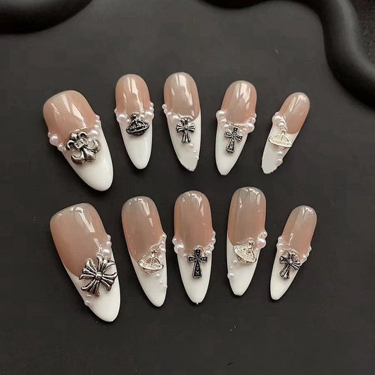 White Pearl French Almond Nails-XHS226