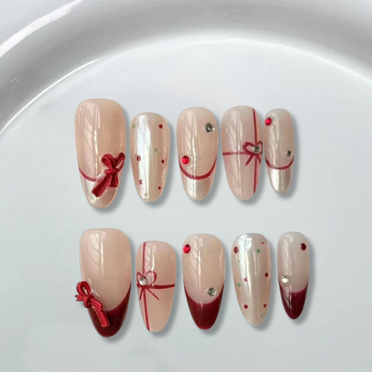 Red french dot bow Almond nails-YL012