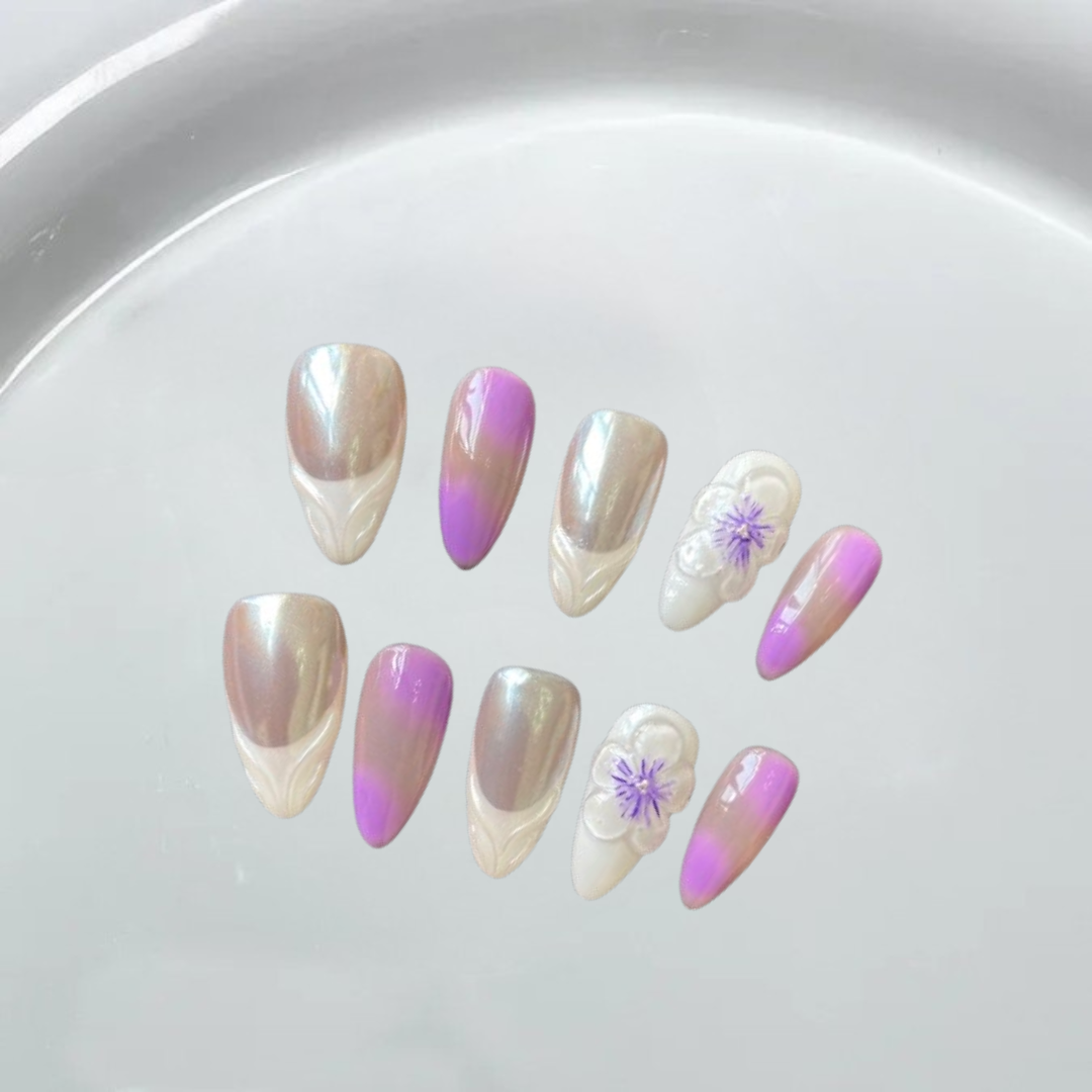 Aurora French 3D purple flowers Almond Nails-XHS368