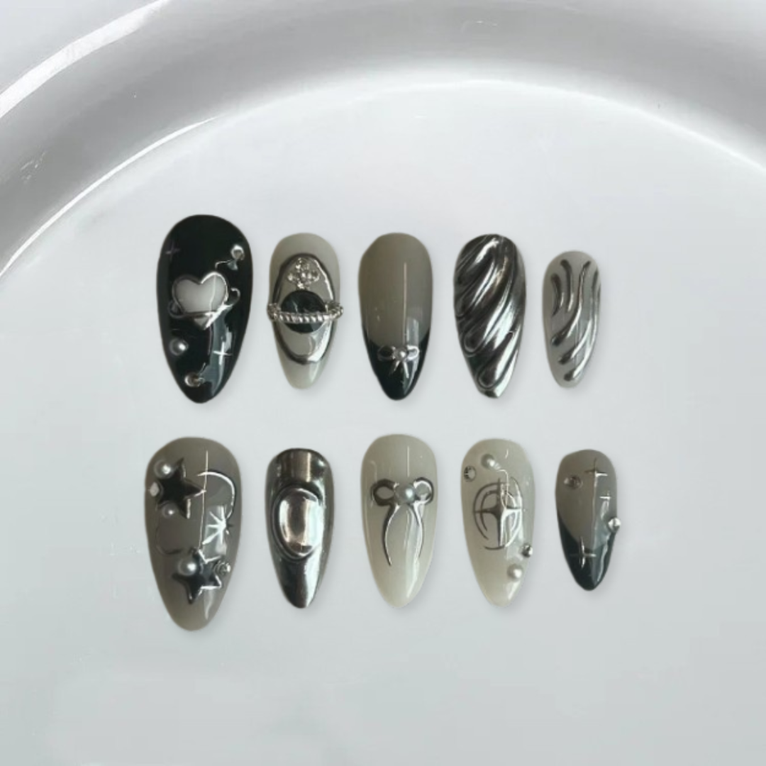 Black, gray and silver hand-painted hearts Almond nails-XHS239