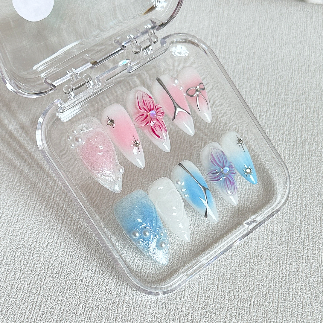 orchid aura iridescent and Chrome silver Almond nails-XHS335