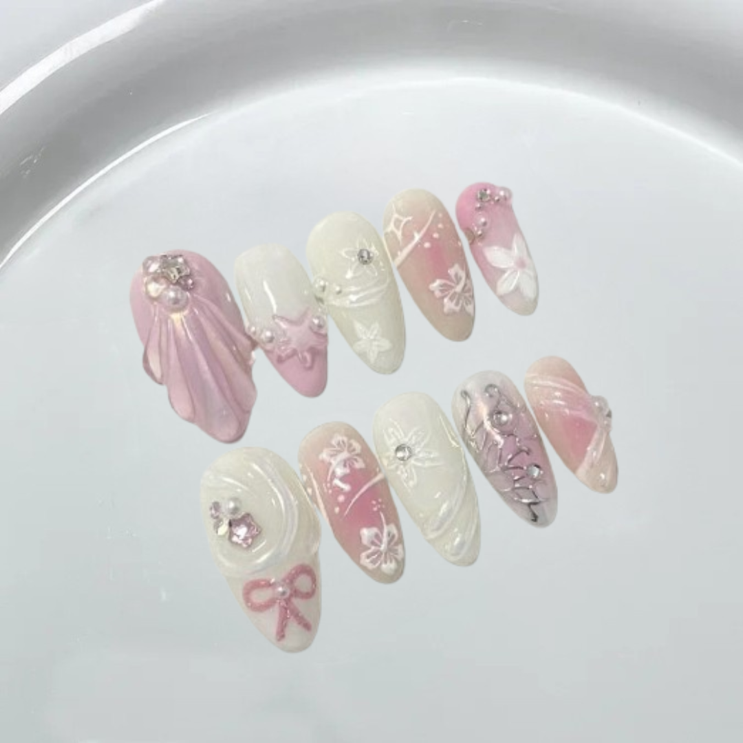 pink shell butterfly Almond nails-XHS236