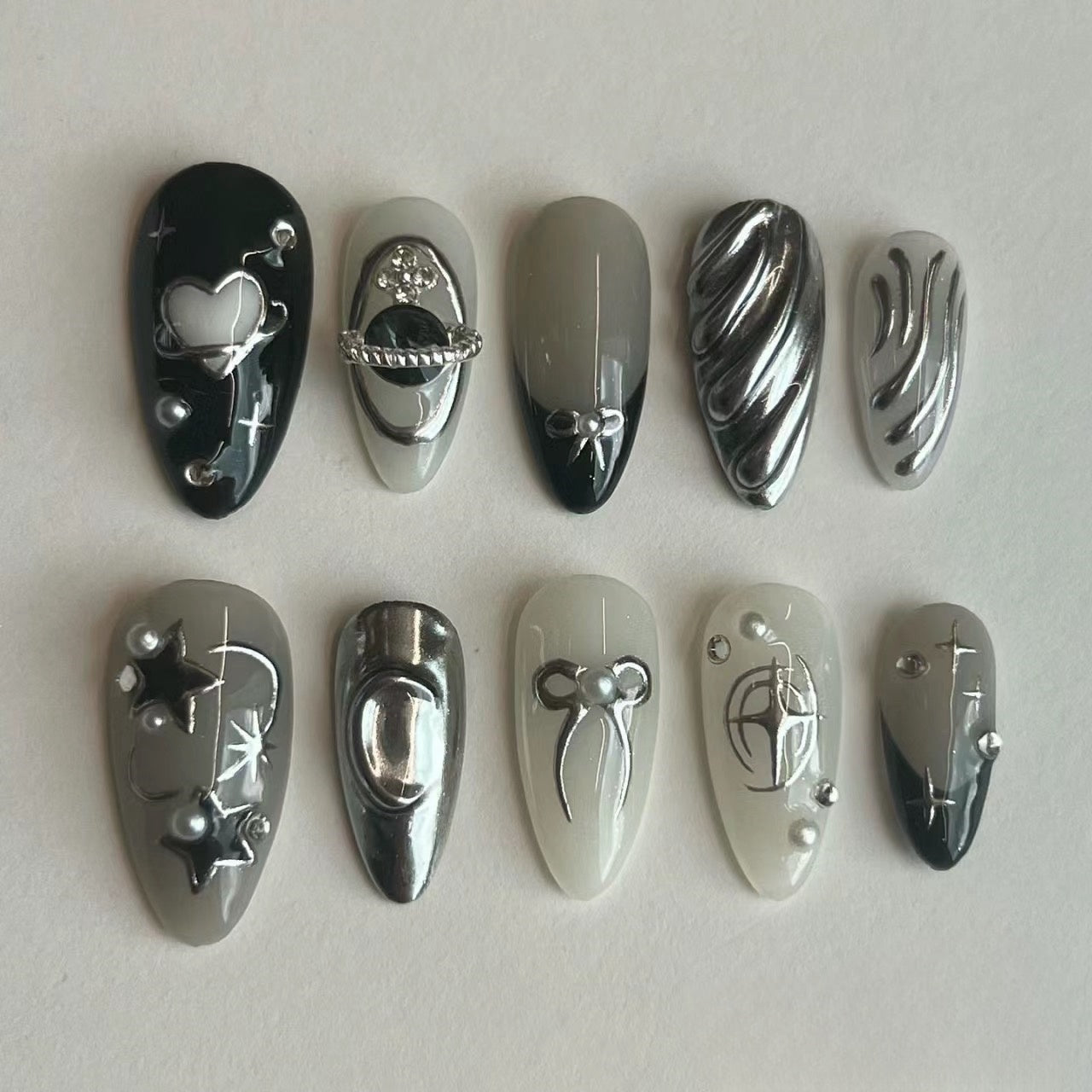 Black, gray and silver hand-painted hearts Almond nails-XHS239