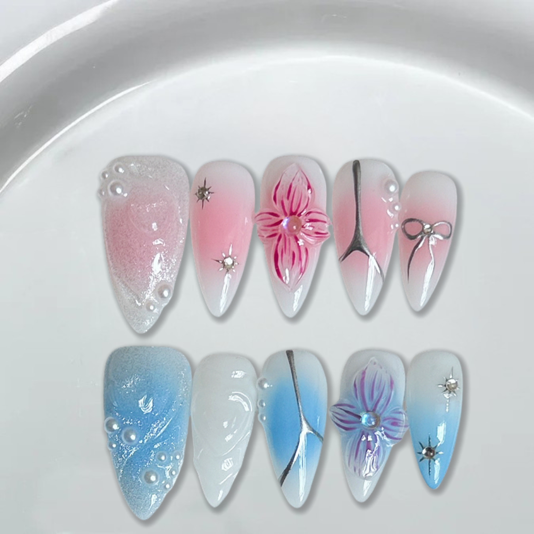 orchid aura iridescent and Chrome silver Almond nails-XHS335