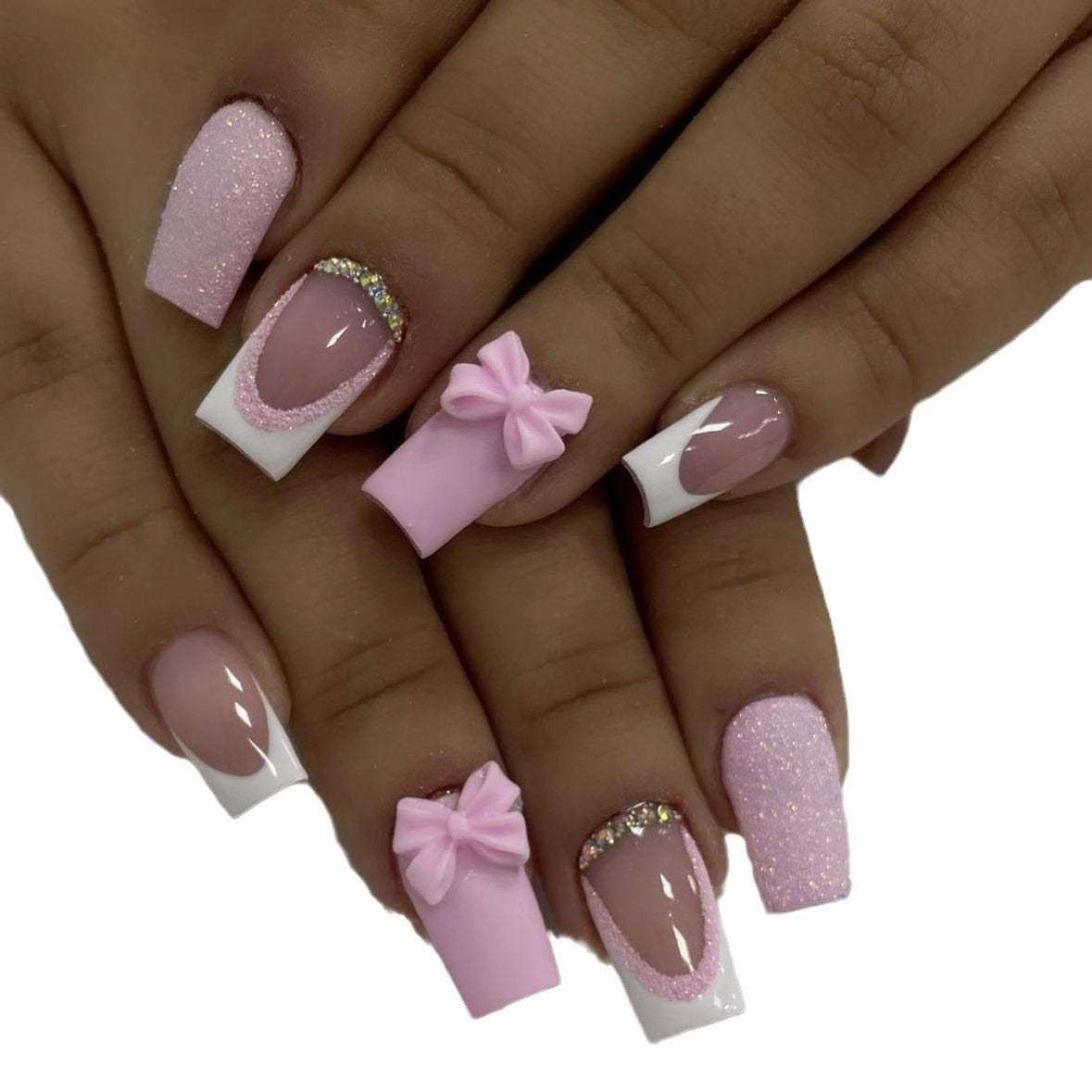 Short Glossy European, American and French Style Pink Bow Cute Sweet Wear Nail Simple Ins All-Match Manicure 24 Pieces