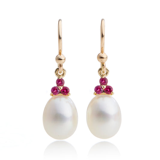 Pearl and Ruby Drop Earrings in Elegant Design