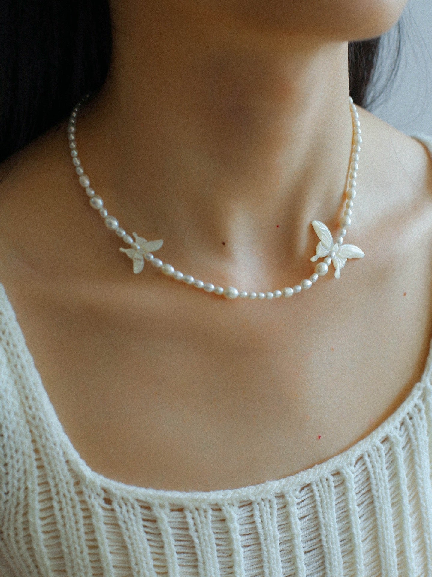 Black and White Pearl Shell Butterfly Necklace