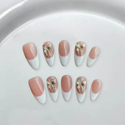 White French Butterfly Almond Nails-XHS228