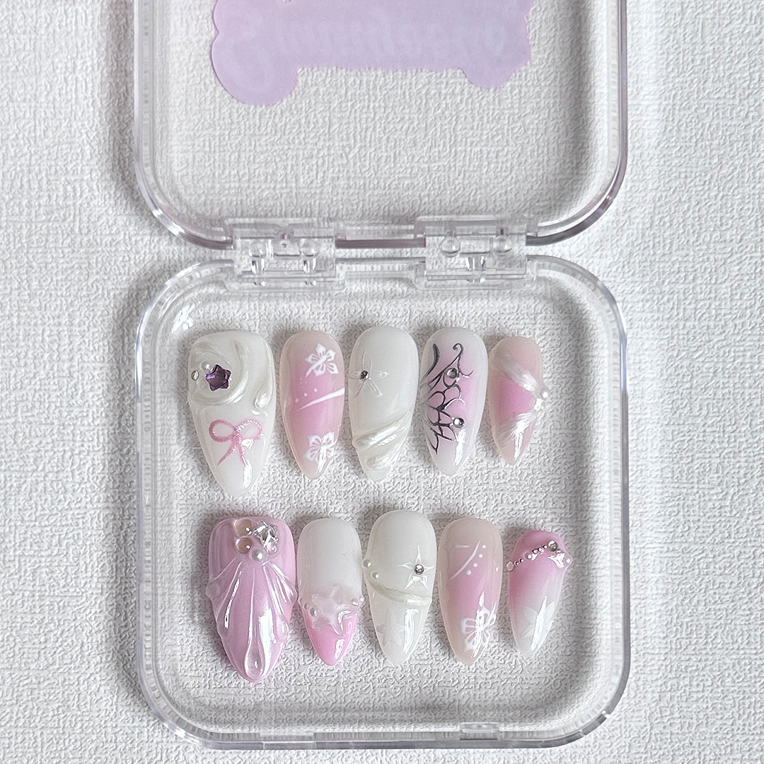 pink shell butterfly Almond nails-XHS236