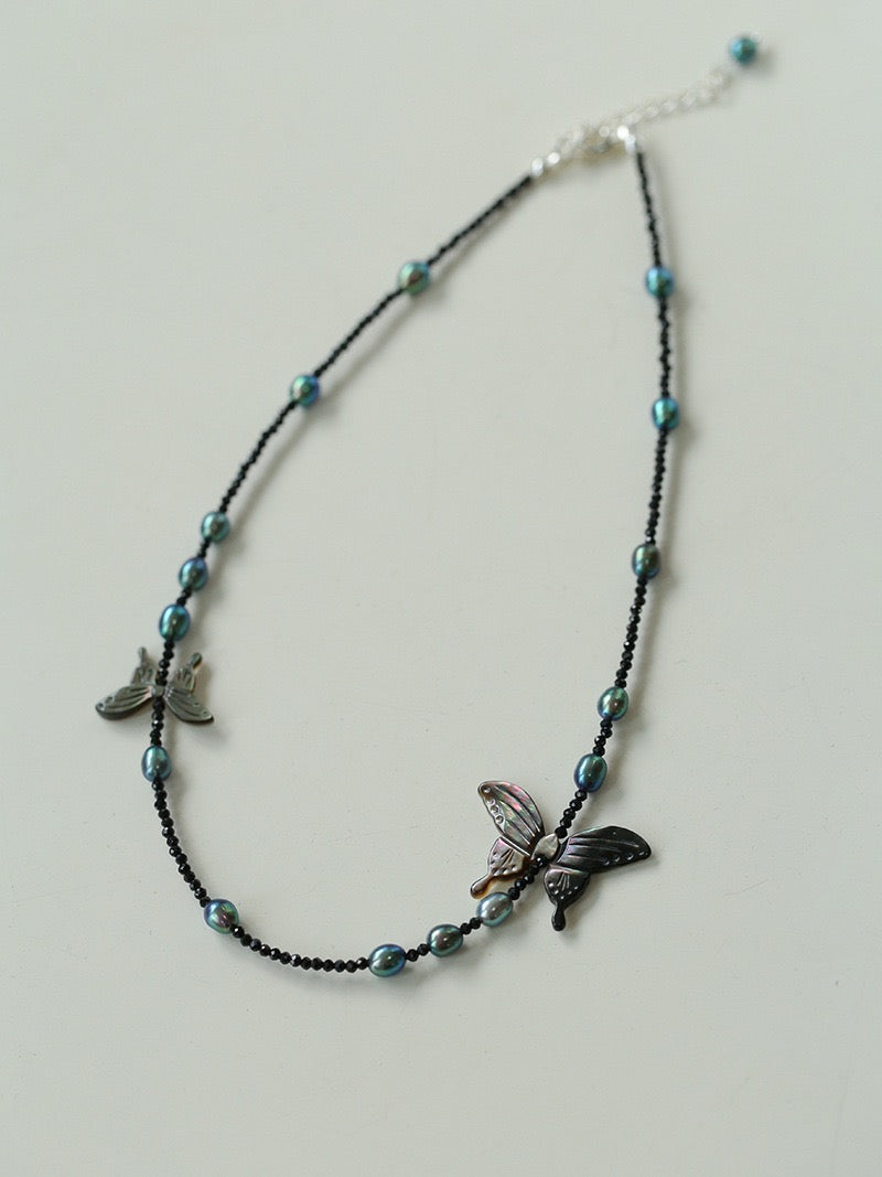 Black and White Pearl Shell Butterfly Necklace