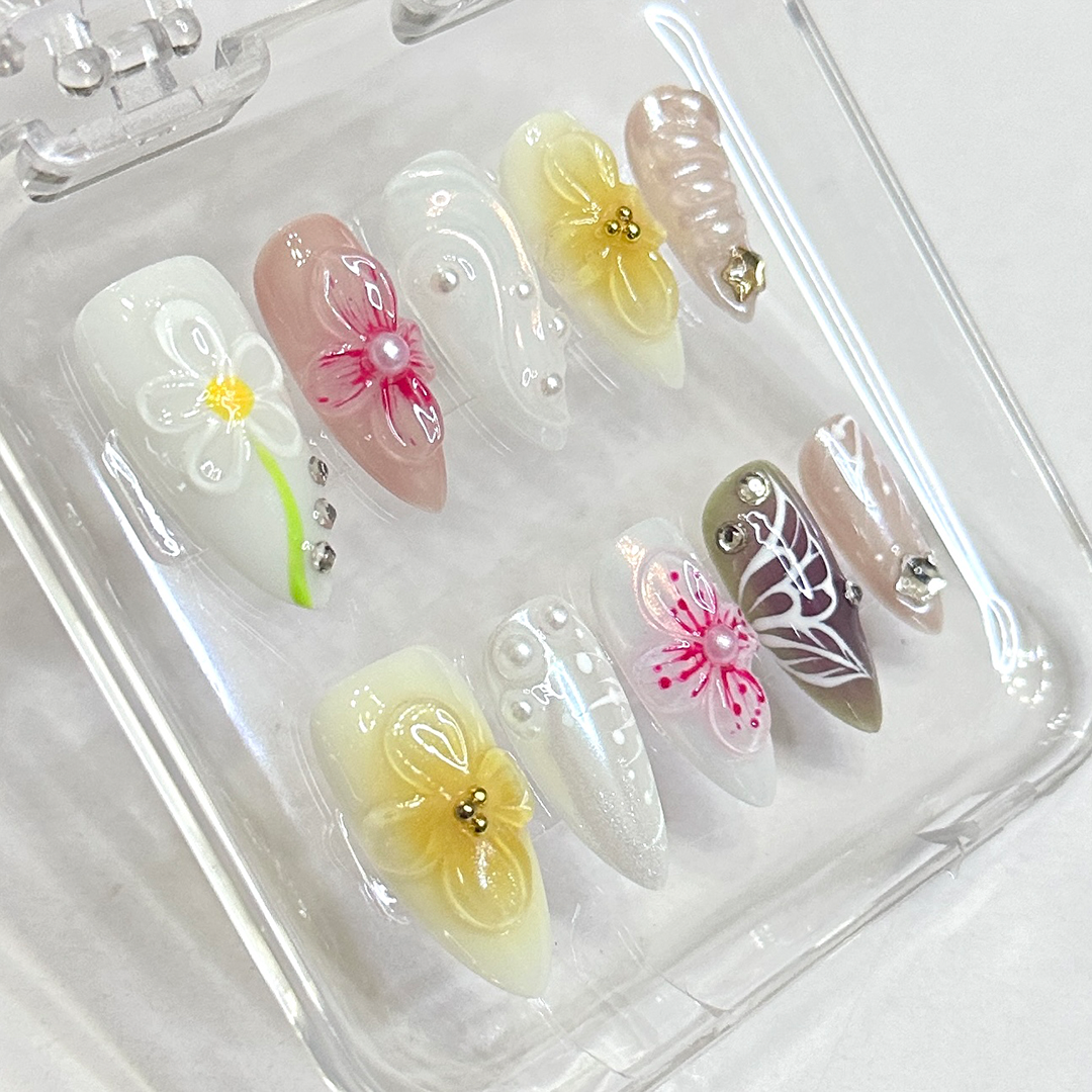 3d aurora hand drawn butterfly flowers Almond Nails-XHS301