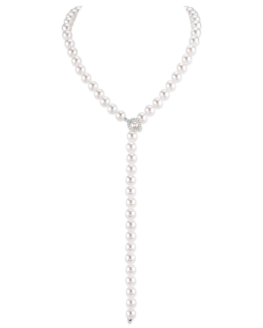 White Japanese Akoya Pearl & Diamond Lariat Adjustable Necklace, 8.0-8.5mm - AAA Quality