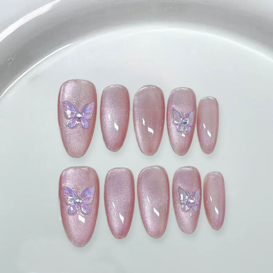 Pink Cat's Eye Butterfly Almond nails-YL011