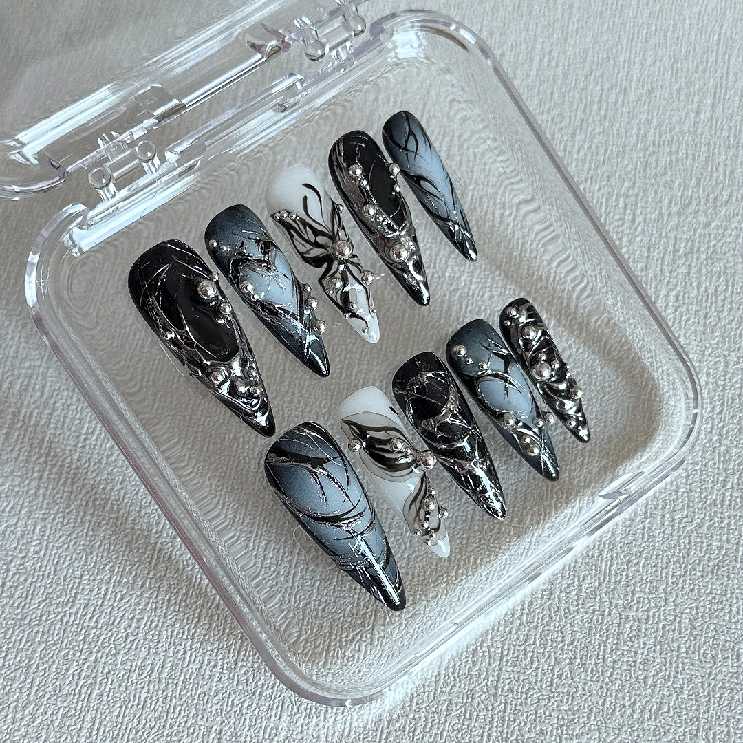 black and chrome aura Stiletto nails-XHS332