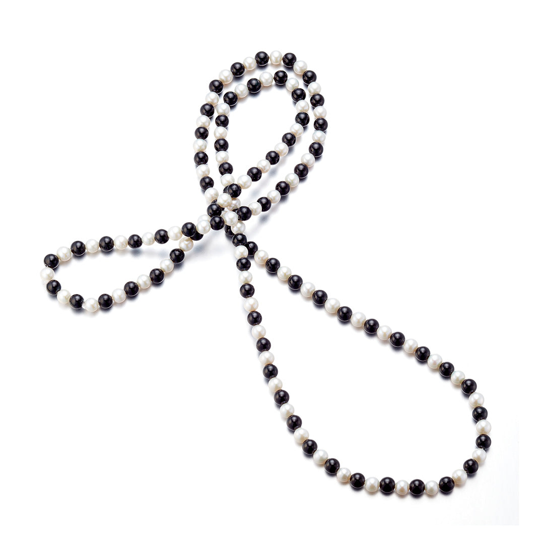 Black Nephrite Jade and White Pearl Rope Necklace