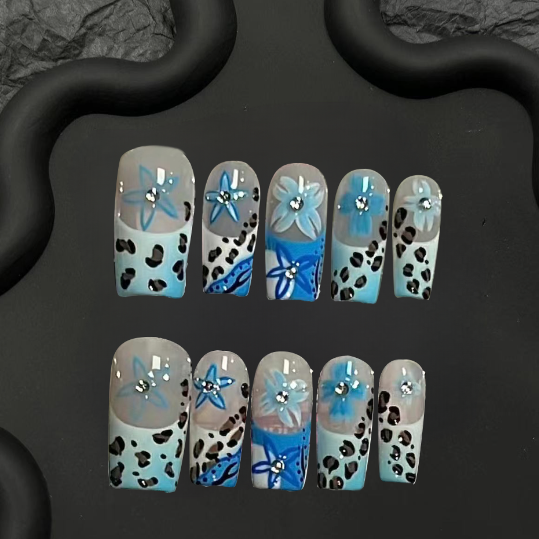 Blue leopard print French hand-painted blue flowers-XHS413