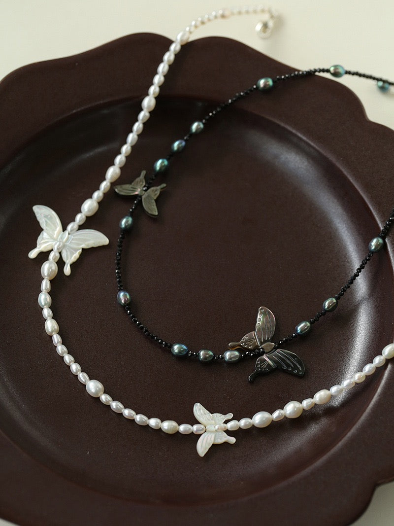 Black and White Pearl Shell Butterfly Necklace