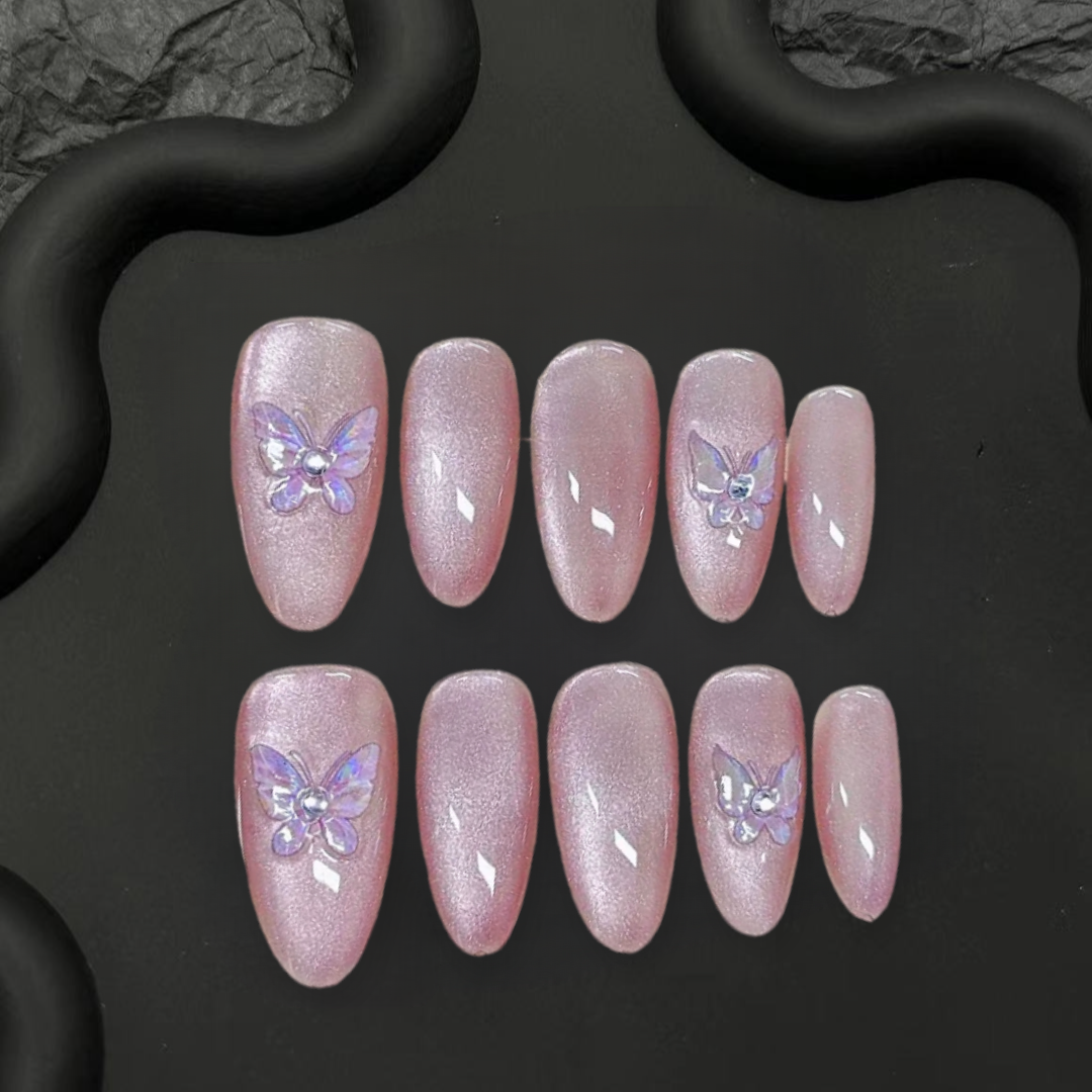 Pink Cat's Eye Butterfly Almond nails-YL011