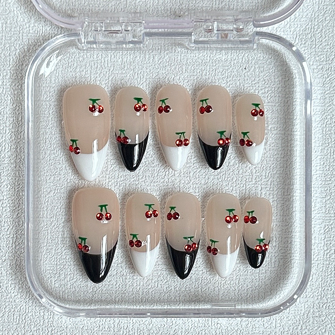 Black&White French Cherry Almond Nails-XHS185