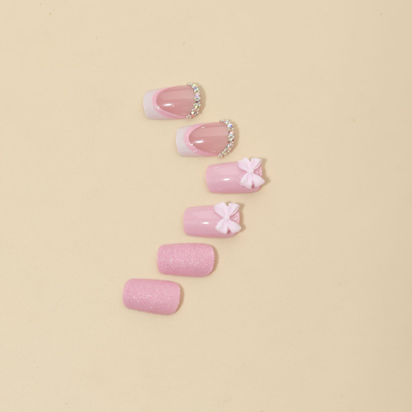 Short Glossy European, American and French Style Pink Bow Cute Sweet Wear Nail Simple Ins All-Match Manicure 24 Pieces