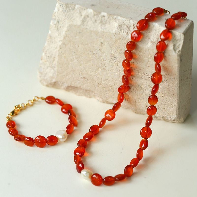 Baroque Necklace and Bracelet in Red Onyx