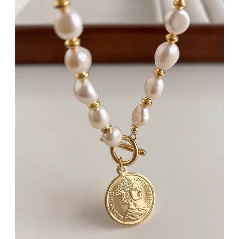 Baroque Pearl Long Necklace with Queen Coin Pendant