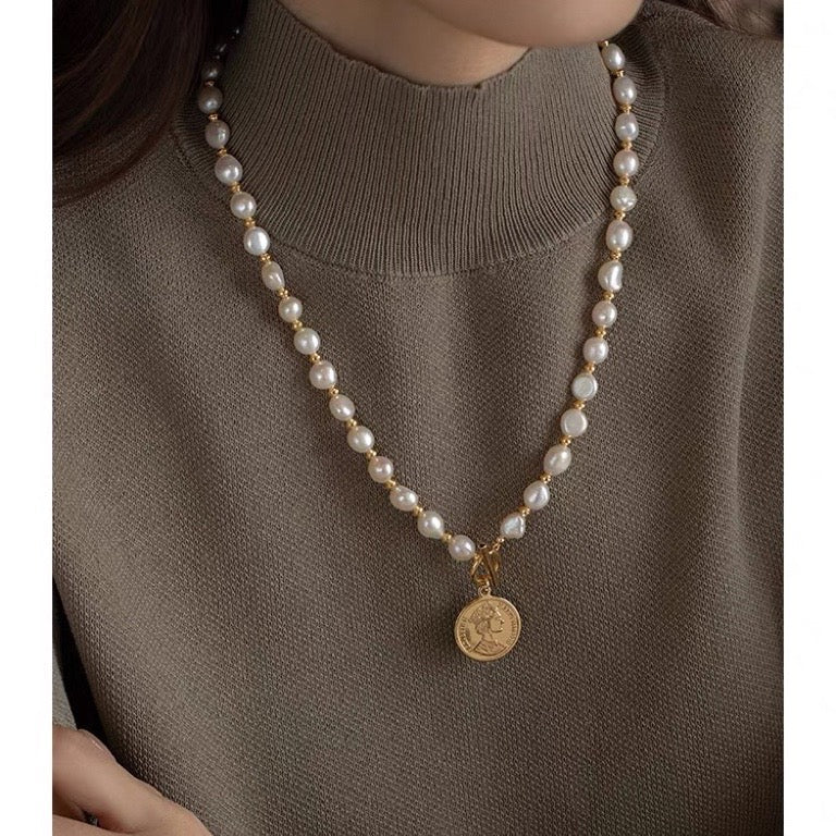 Baroque Pearl Long Necklace with Queen Coin Pendant