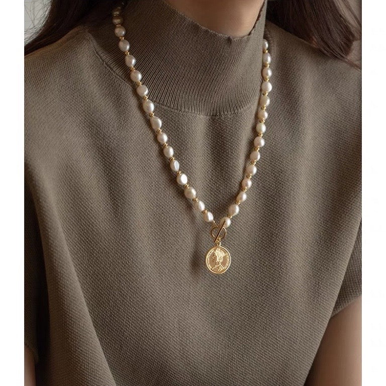 Baroque Pearl Long Necklace with Queen Coin Pendant