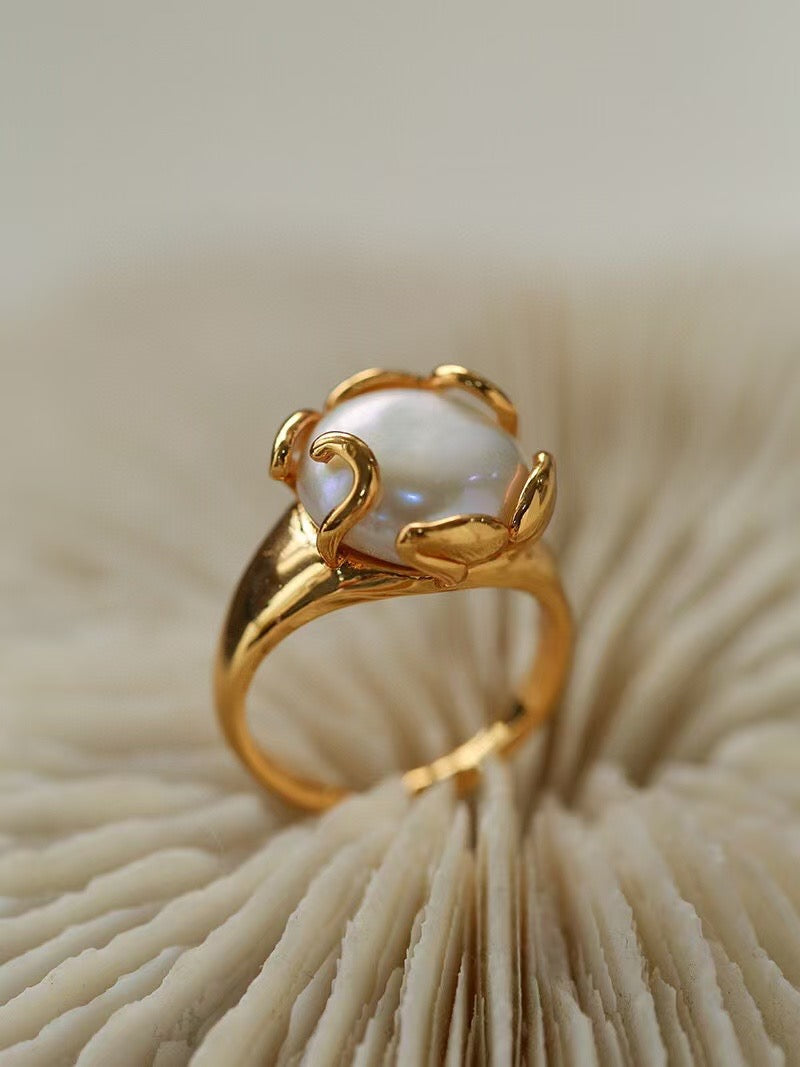 Baroque Pearl Ring with Flower Bud Design 1