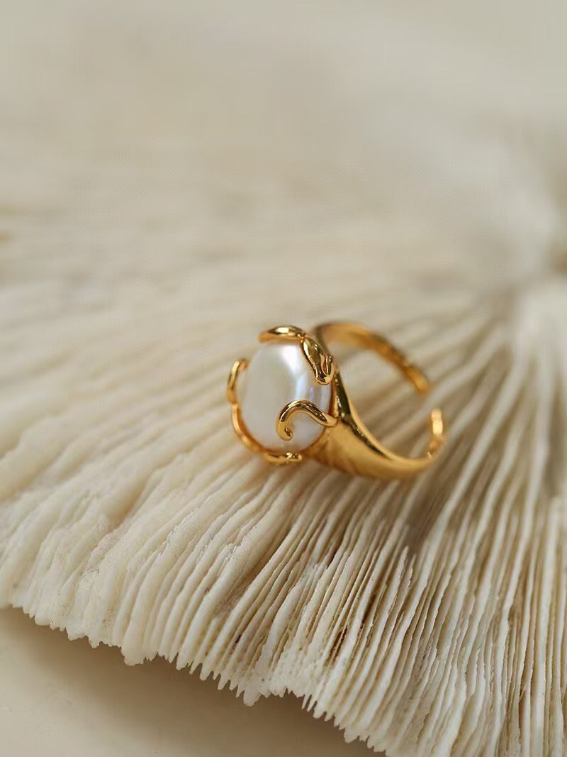 Baroque Pearl Ring with Flower Bud Design 1