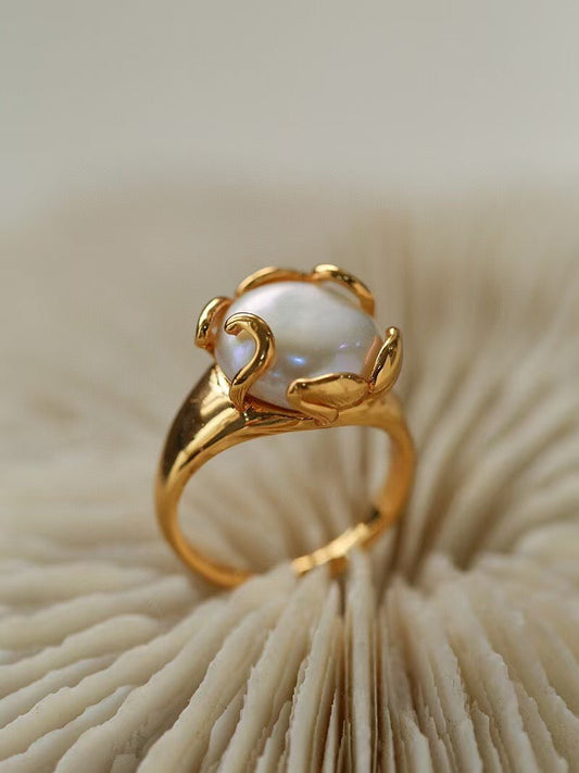 Baroque Pearl Ring with Flower Bud Design