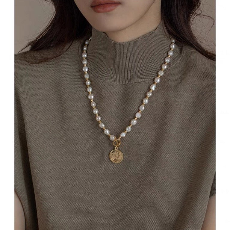 Baroque Pearl Long Necklace with Queen Coin Pendant