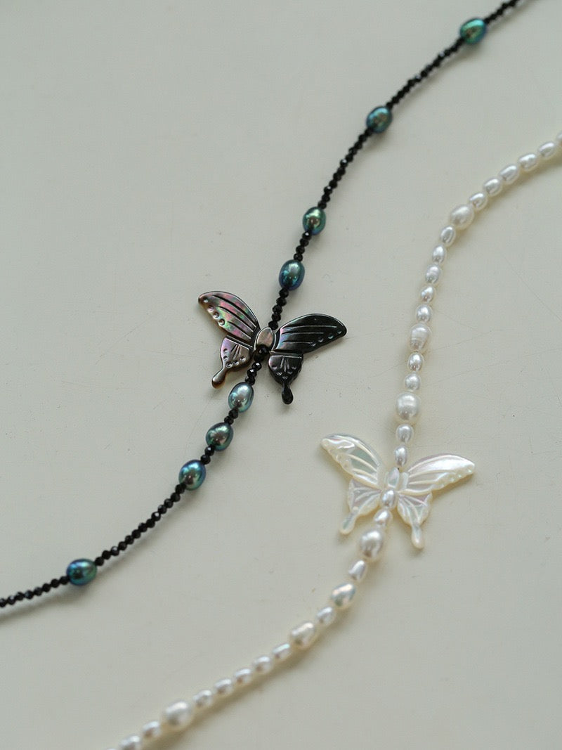 Black and White Pearl Shell Butterfly Necklace