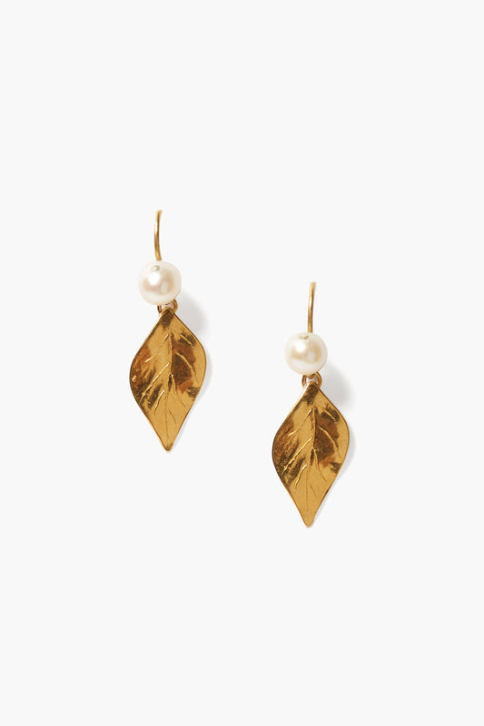 White Pearl Falling Leaf Drop Earrings